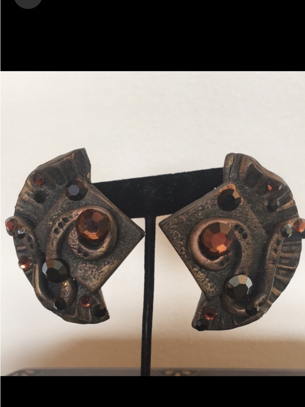 1980s 1990s vintage large clip-on resin earrings, rhinestones, 2.5”